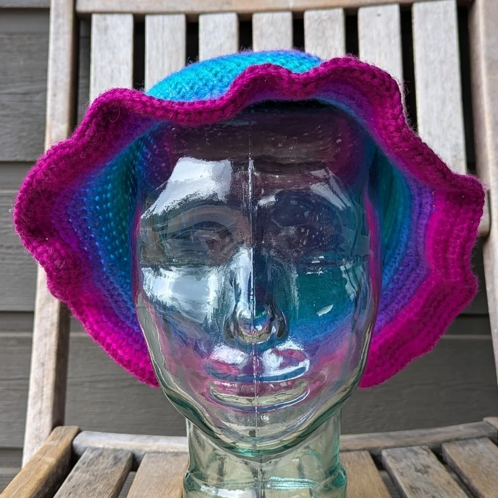 Handmade Gradient Pink Purple Blue Green Crochet Sun Bucket Hat One Size